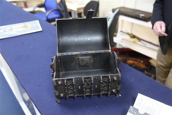 A 19th century copy of a 16th century French iron casket, 9in.